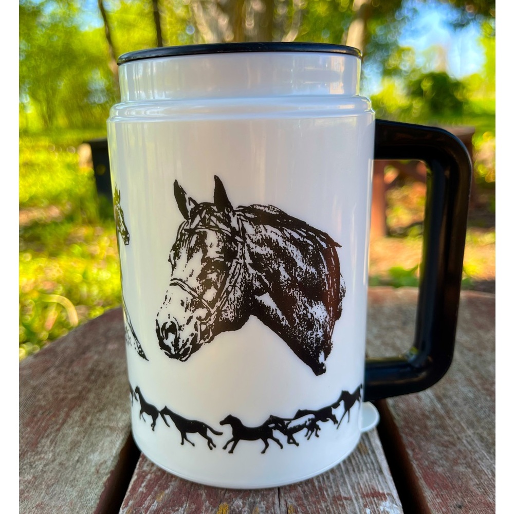White and Black Plastic Whirley Mug with Horse Illustrations